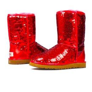 Ugg sheepskin Plush boots in shimmery red Y2K sequins 9